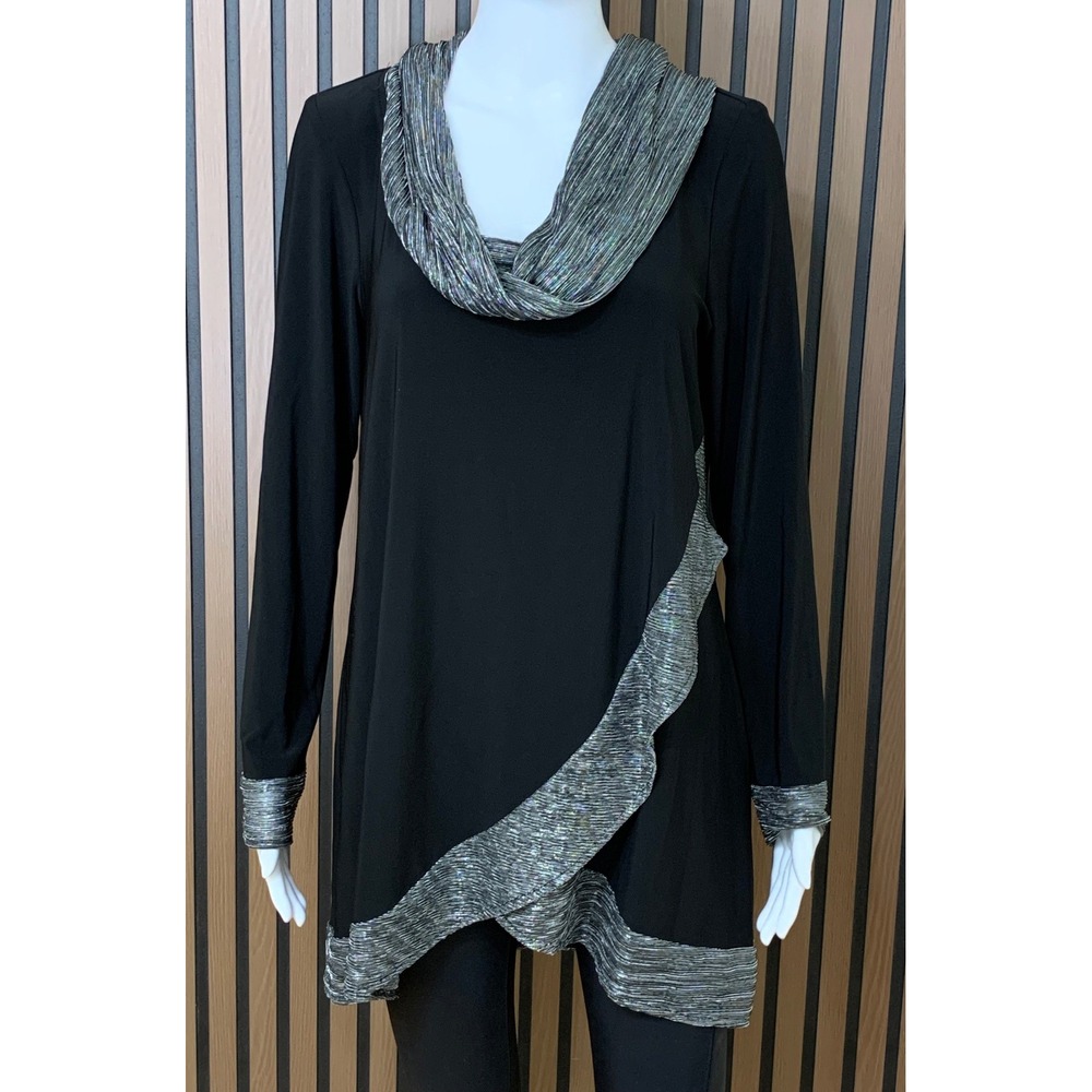 Joseph Ribkoff Women's Metallic Trim Cowl Neck Asymmetric Tunic Top Black 12